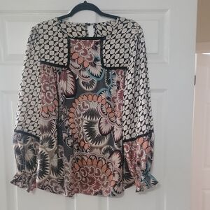 Women's Mixed-Print Long Sleeve Blouse in Black, Cream and Peach